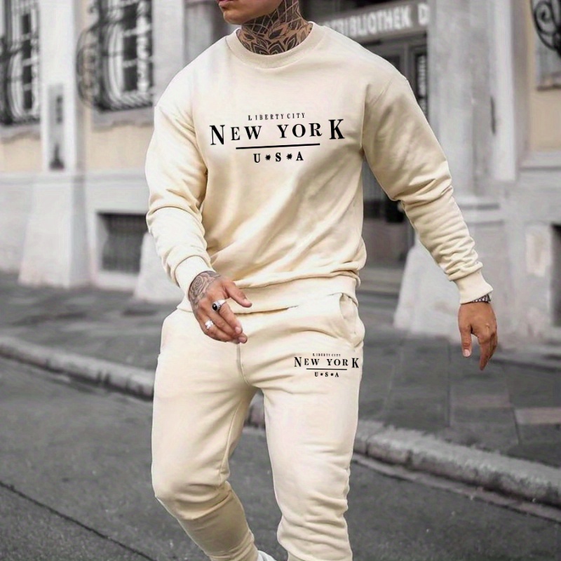 

New York City Usa Print, Men's 2pcs Outfits, Casual Crew Neck Long Sleeve Pullover Sweatshirt And Drawstring Sweatpants Joggers Set For Spring And Fall, Men's Clothing