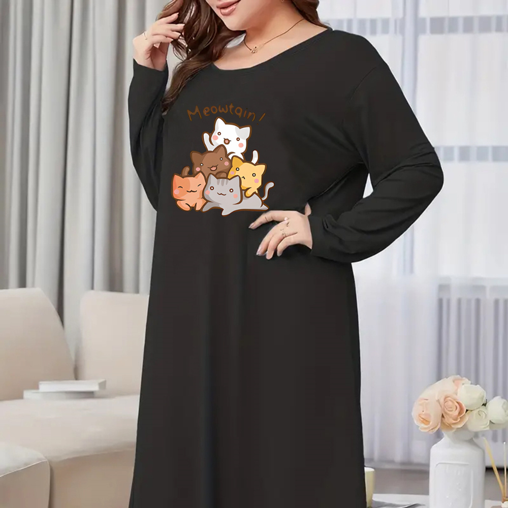 

Cozy Plus Size Women' Dress With Cute Print - Long Sleeve, Round Neck, Stretch Fabric Nightgown