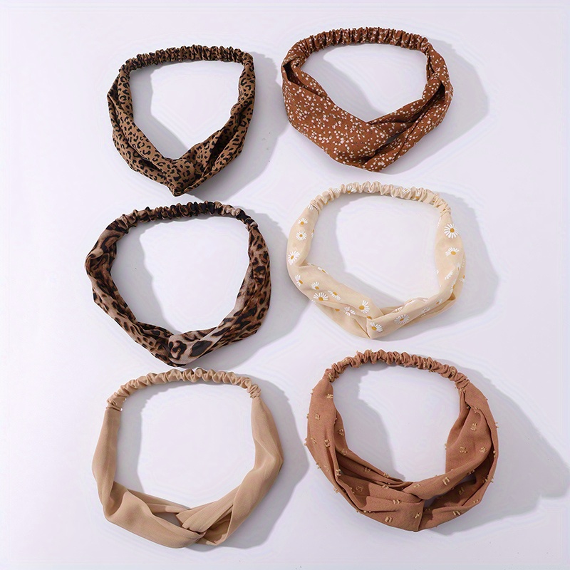 Image of 6pcs/set Autumn And Winter Vintage Leopard Print Headband With Brown Knots, Washable Headband, Women's Fashion Accessory