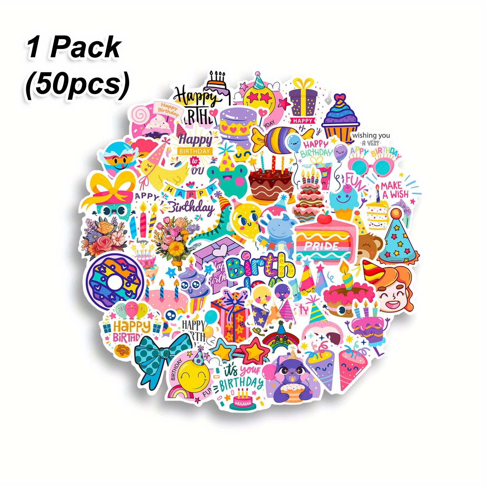 dufibo 100pcs happy birthday stickers birthday party stickers candy cake  stickers, cute packaging,colorful waterproof stickers,vinyl