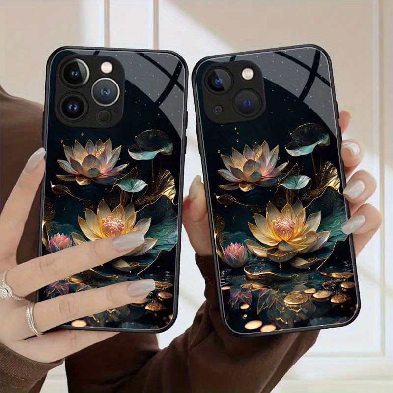 TEMU Phone Case: For Lotus Pattern Anti-fall Tempered Glass Phone Case For Iphone 15pro Max/15pro/15plus,14 Pro Max/14 Plus/14 Pro/14, For Iphone 13