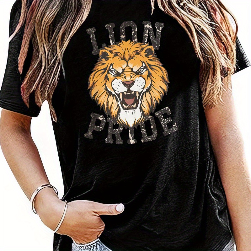 

Lions Graphic Print T-shirt, Short Sleeve Crew Neck Casual Top For Summer & Spring, Women's Clothing