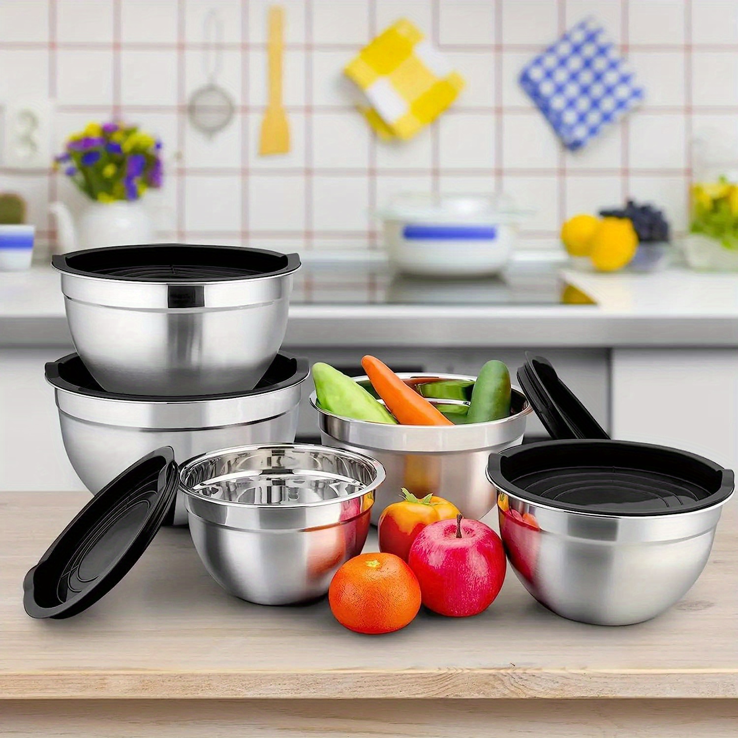 5pcs set mixing bowl set of 5 stainless steel nesting bowls for kitchen baking serving airtight lids heavy duty dishwasher safe kitchen stuff kitchen accessories home kitchen items details 8