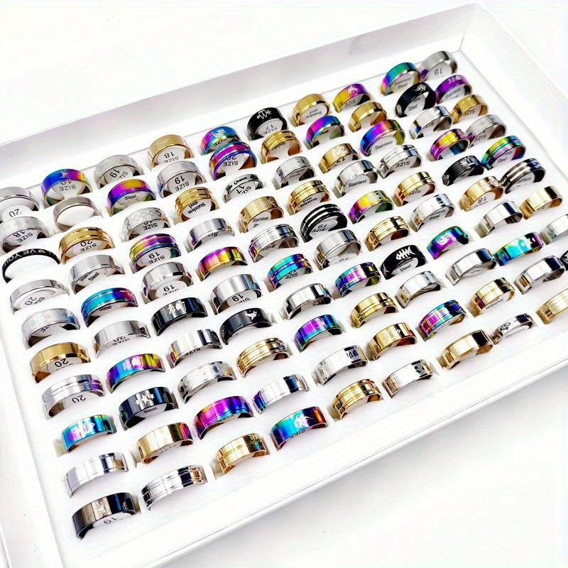 TEMU Wholesale 40pcs/pack Women's Fashion Stacked Ring Silvery And Golden Color Stainless Steel Material Men And Women's Hollow Ring Size 17mm-21mm