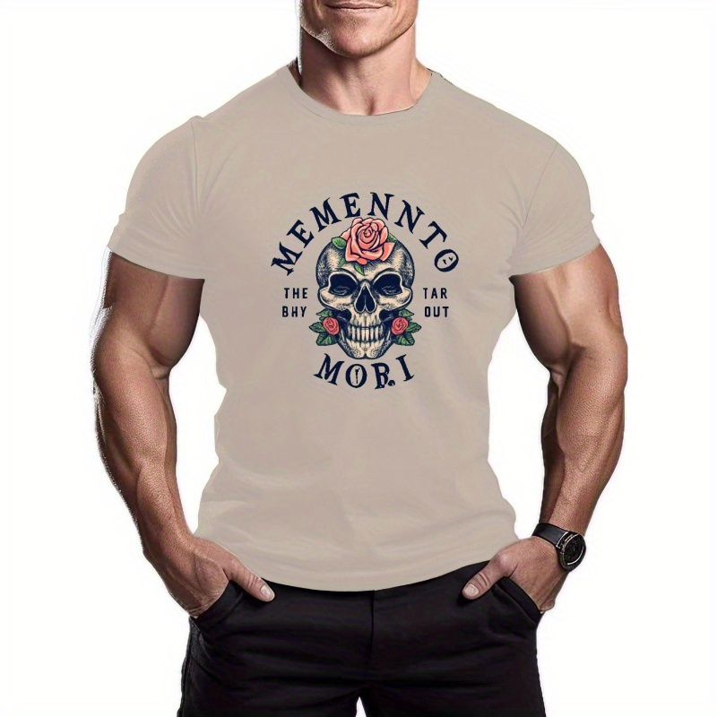 

Skull Rose Memento Print Men's Casual Tees, Short Sleeve Crew Neck Comfy T-shirt Men's Summer Outdoor Sports Clothes
