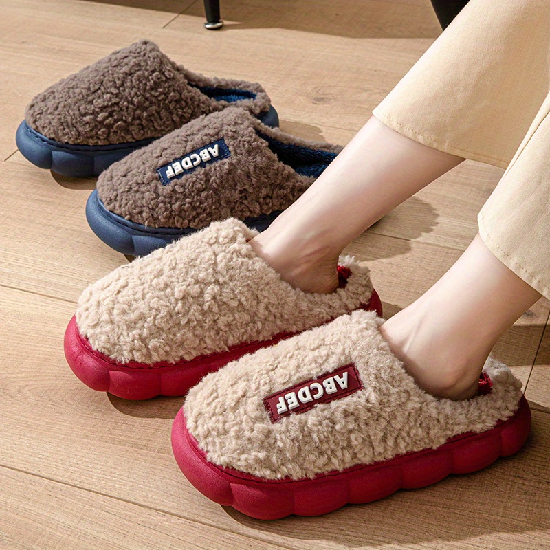 

Letter Decor Home Warm Slippers, Closed Toe Platform Soft Sole Plush Lined Shoes, Bedroom Non-slip Cozy Shoes