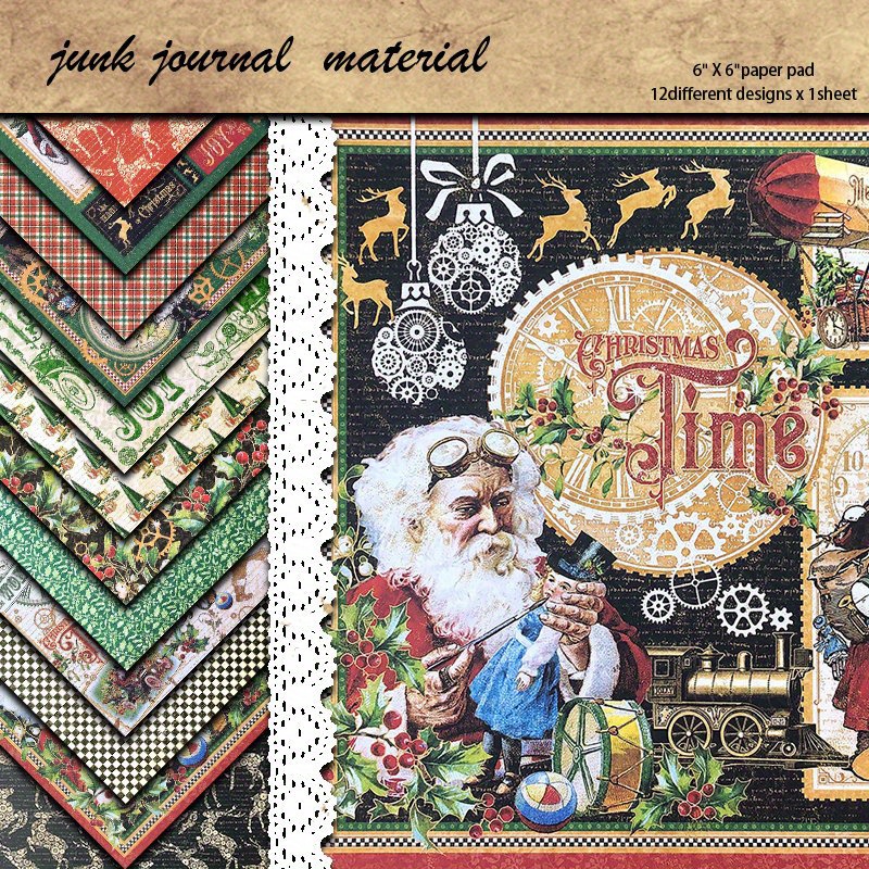 12 Sheets Large Size Christmas Series Material Paper，Retro Journal  Decoration