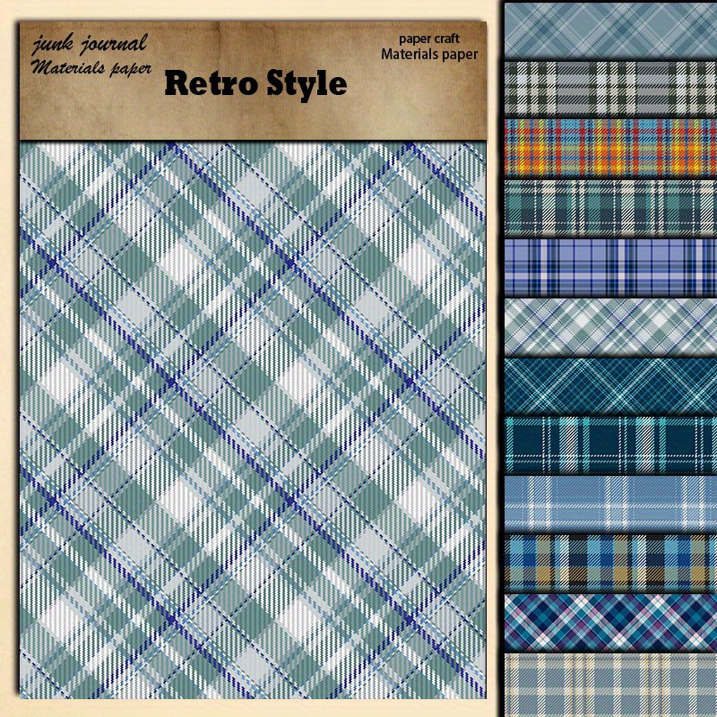 

12 Sheets Large Size Blue Plaid Pattern Material Paper, Retro Journal Background For Diy Handmade