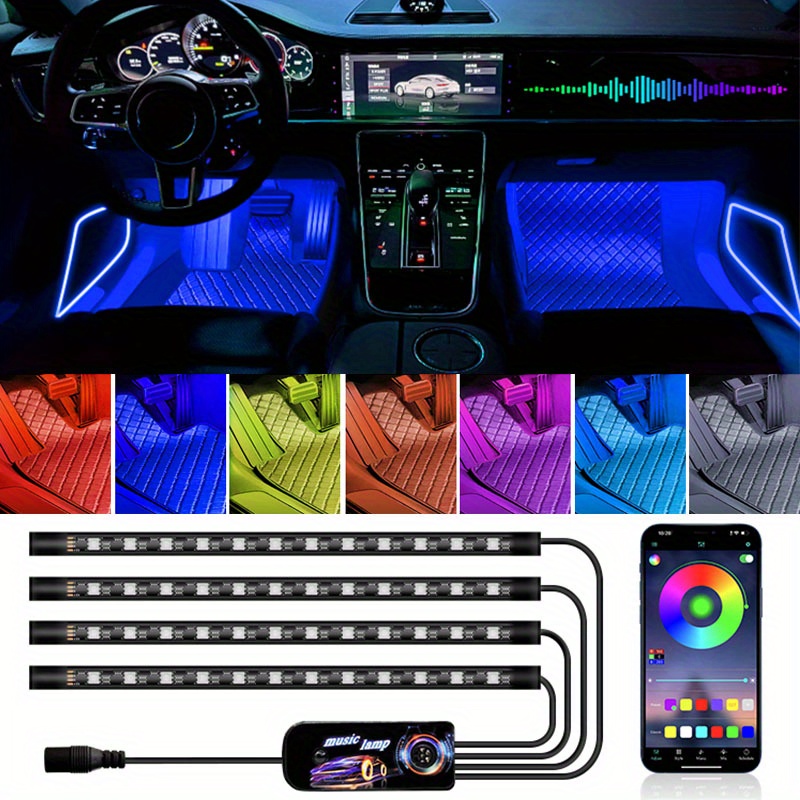 Lumières intérieures de voiture 4pcs 48 Led Voiture Sol Atmosphère Glow  Neon Lumières Multi-couleur Musique Voiture Led Strip Lights Sous Dash  Éclairage Sans Fil Télécommande