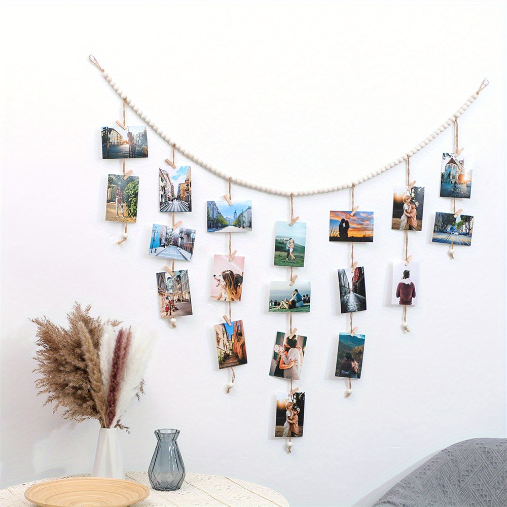 1set Photos Hanging Rope With Wooden Bead Photo Decoration Storage Clips  Photo Hanging String With 7 18 30 Clips Photo Memory Wall Layout Props Wall  Decor Room Decor Home Decor Party Decor