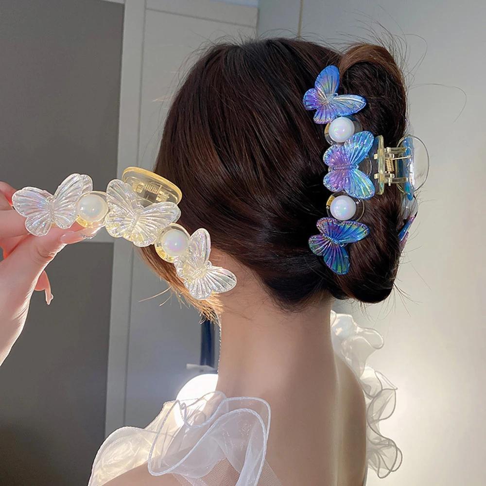 

1pc Laser Flash Faux Pearl Decor Butterfly Hair Claw Hairpins Women Shark Clip Hair Accessories Fashion Headdress