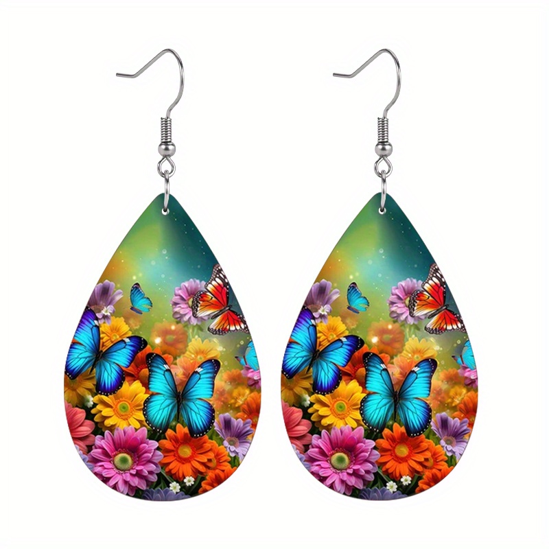 Image of 1 Pair Colorful Flower Teardrop Drop Earrings For Women Fashion Earrings Ladies Elegant Dangle Earrings For Daily Wear Gift