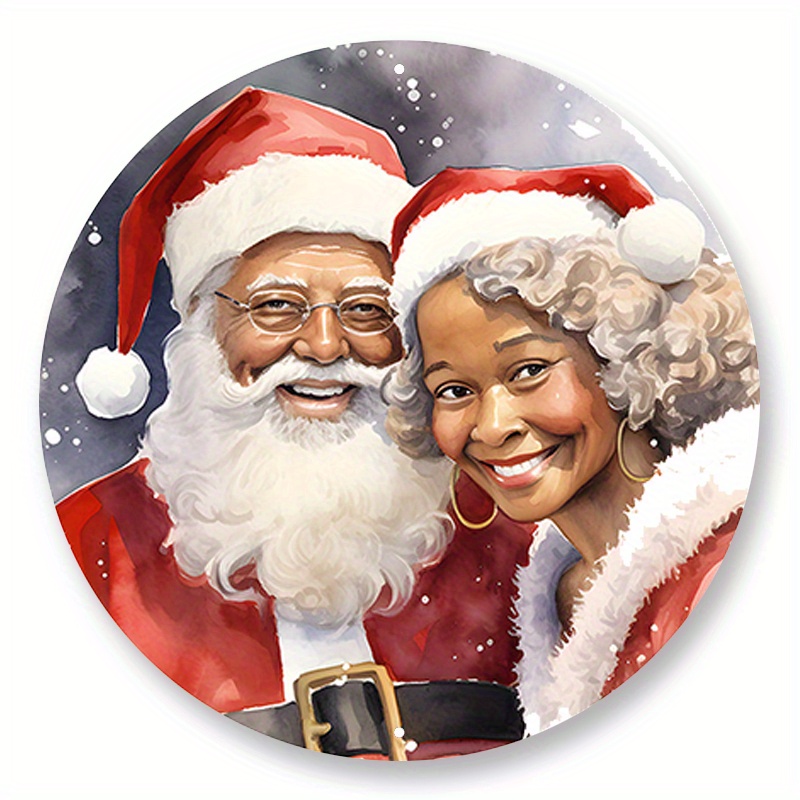 

1pc 8x8inch Aluminum Metal Sign African American Santa Claus Wreath Sign, Mr And Mrs Santa Claus Wreath Attachment, Sign For Christmas Wreaths, Christmas Decor