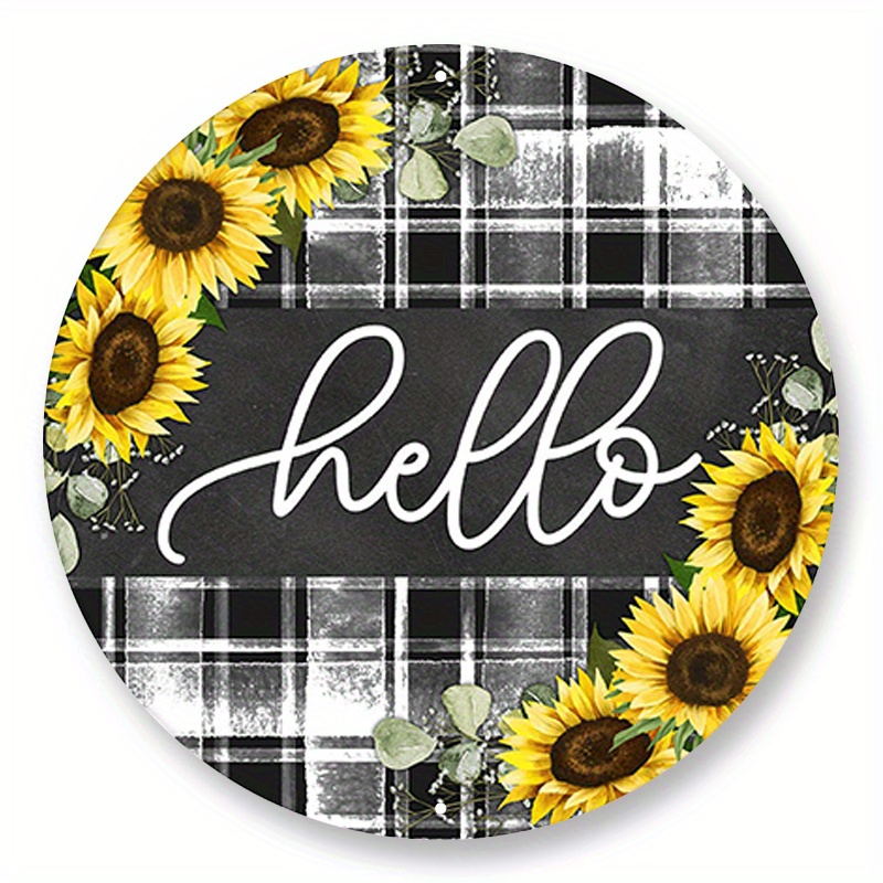 

1pc 8x8inch Aluminum Metal Sign Black And White Plaid Sunflower Hellow Wreath Sign - Choose Your Size Round Wreath Attachment For Spring Wreaths