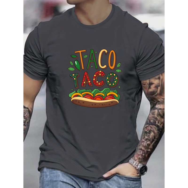 

Non-transparent, Men's Casual Taco Day Celebration Tee - Soft Polyester, Geometric Print, Round Neck - Machine Washable