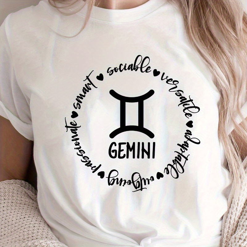 

Gemini Graphic Print T-shirt, Short Sleeve Crew Neck Casual Top For Summer & Spring, Women's Clothing