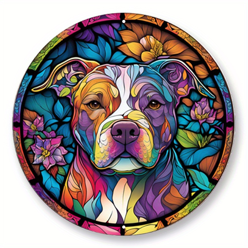 

1pc 8x8inch Aluminum Metal Sign Pit Bull Stained Glass Look Sign, Metal Wreath Sign, Home Decor