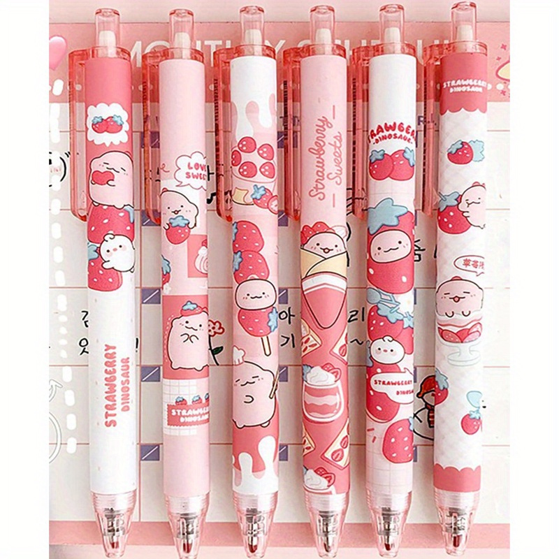 6pcs/set 0.5mm Strawberry Pattern Telescopic Gel Pens - Writing And Painting Black Quick Drying Pens, Suitable For Students And Daily Work