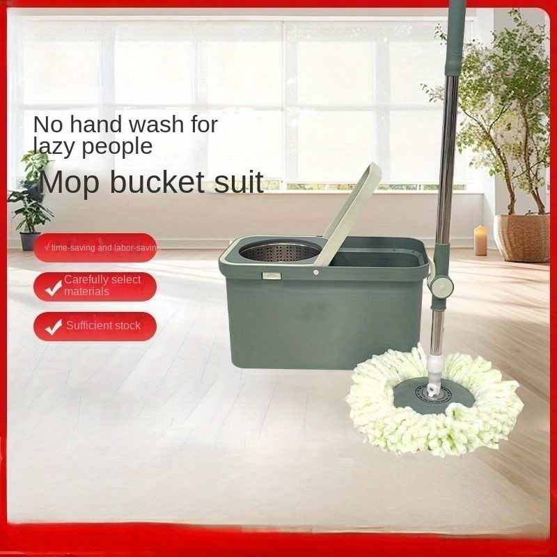 1 set household spin mop and bucket set with 2 mop cloth household rotating floor mop hands   mop dust removal mop dry and wet use   home kitchen bathroom floor cleaning supplies cleaning tool details 0