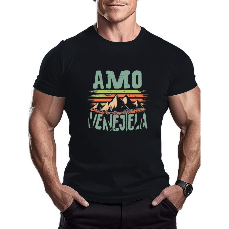 

Men's Retro Sunset "amo Venezuela" Quick-dry Mesh T-shirt - Breathable & Lightweight Polyester, Geometric , Round Neck, Ideal For Sports & Casual Wear, Machine Washable