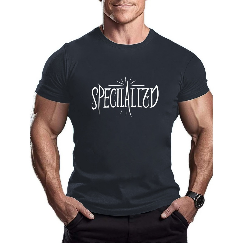 

specialized" Print T-shirt, Men's Casual Street Style Stretch Round Neck Tee Shirt For Summer