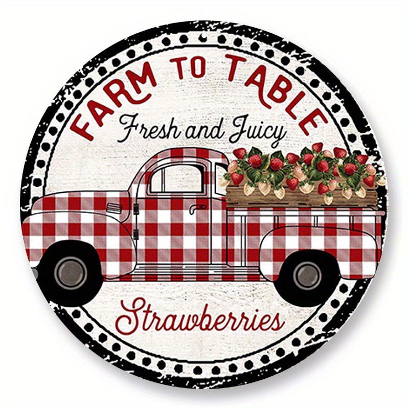 

1pc 8x8inch Aluminum Metal Sign Farm To Table Strawberry Wreath Sign - Red And White Plaid Strawberry Truck Wreath Sign - Summer Wreath Attachment