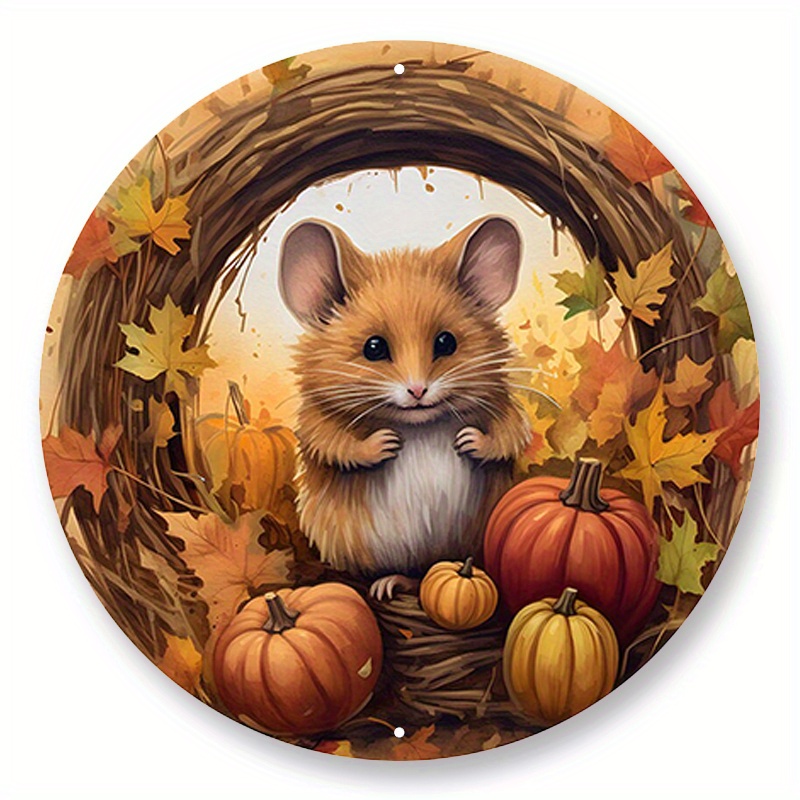 

1pc 8x8inch Aluminum Metal Sign Fall Mouse Metal Wreath Sign, Field Mouse Autumn Leaves Attachment, , Fall Wreath Supplies