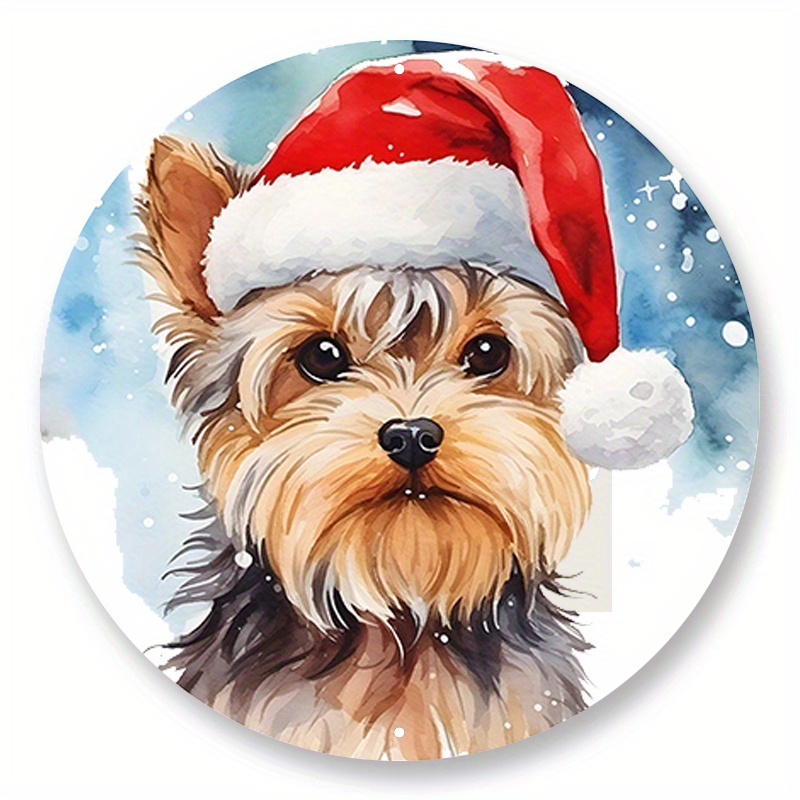 

1pc 8x8inch Aluminum Metal Sign Christmas Yorkie Dog Wreath Sign, Dog In Santa Hat Wreath Attachment, Metal Wreath Signs, Gift For Dog Lover