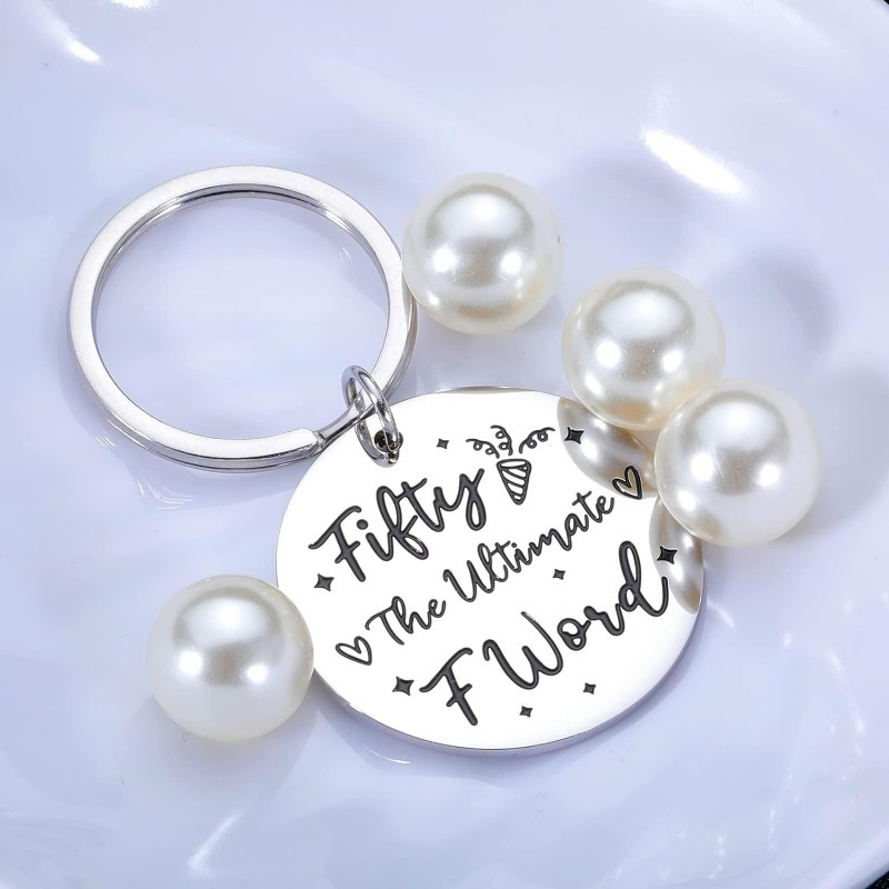 1pc 50th Birthday Fifty Bday Keychain Stainless Steel Round Keyring Trendy  Bag Charms Gifts For Women Men