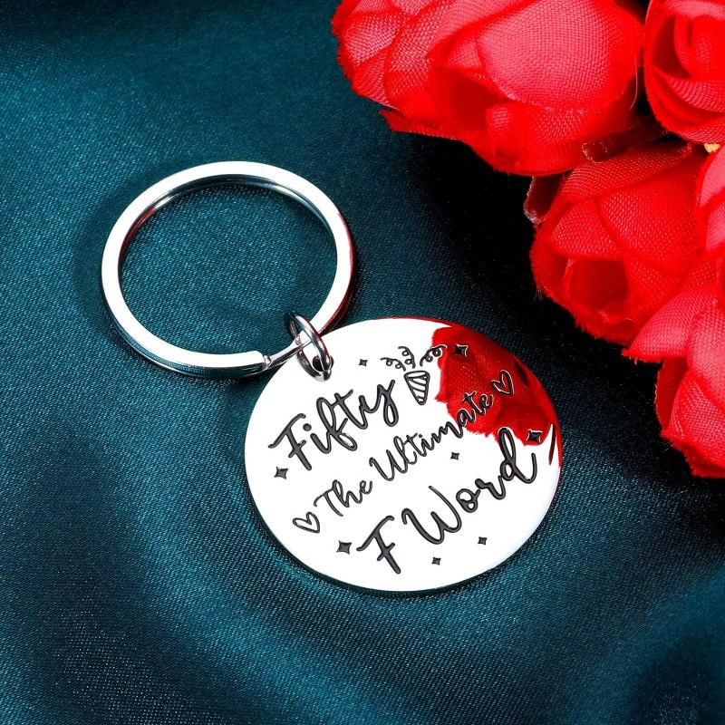 1pc 50th Birthday Fifty Bday Keychain Stainless Steel Round Keyring Trendy  Bag Charms Gifts For Women Men