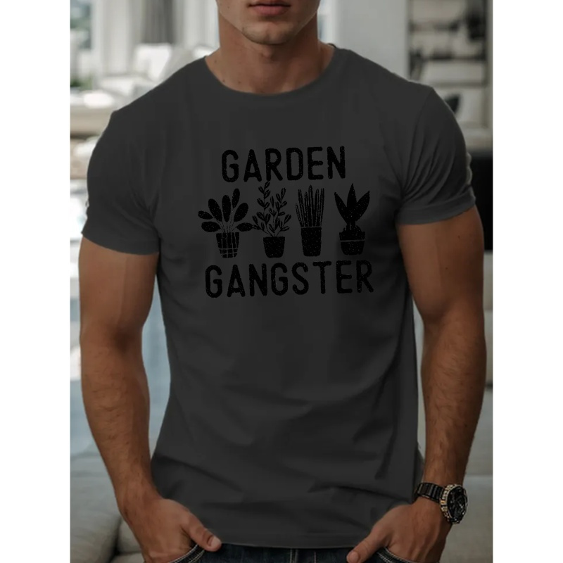 

Garden Gangster Pattern Print Men's Casual Round Neck Short T-sleeves, Quick-drying Comfy Casual Summer T-shirt For Daily Wear Work Out And Vacation Resorts