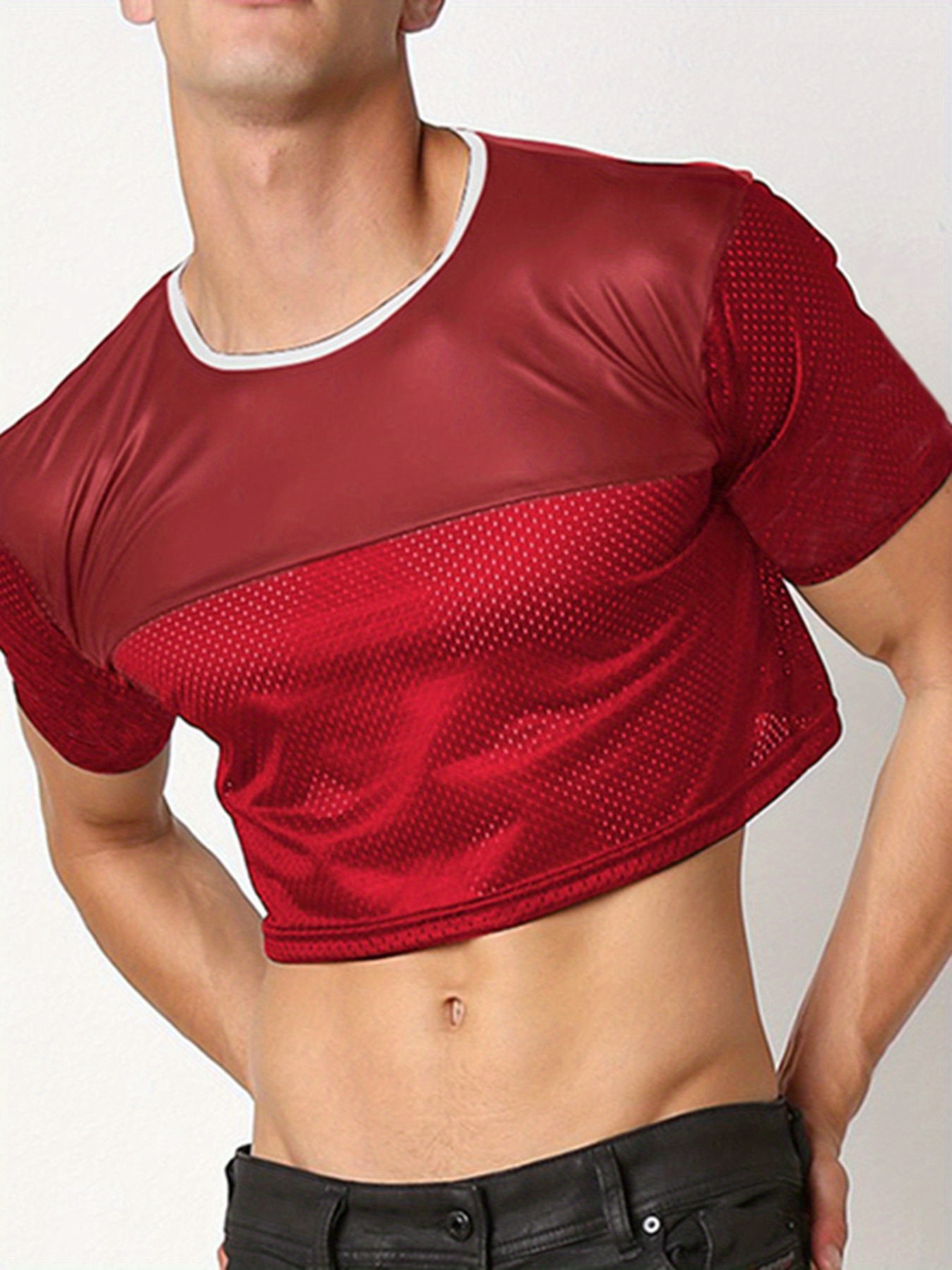 Sexy Men Half Crop Top See-Through Mesh Long Sleeve Tank Top Shirt  Nightclub