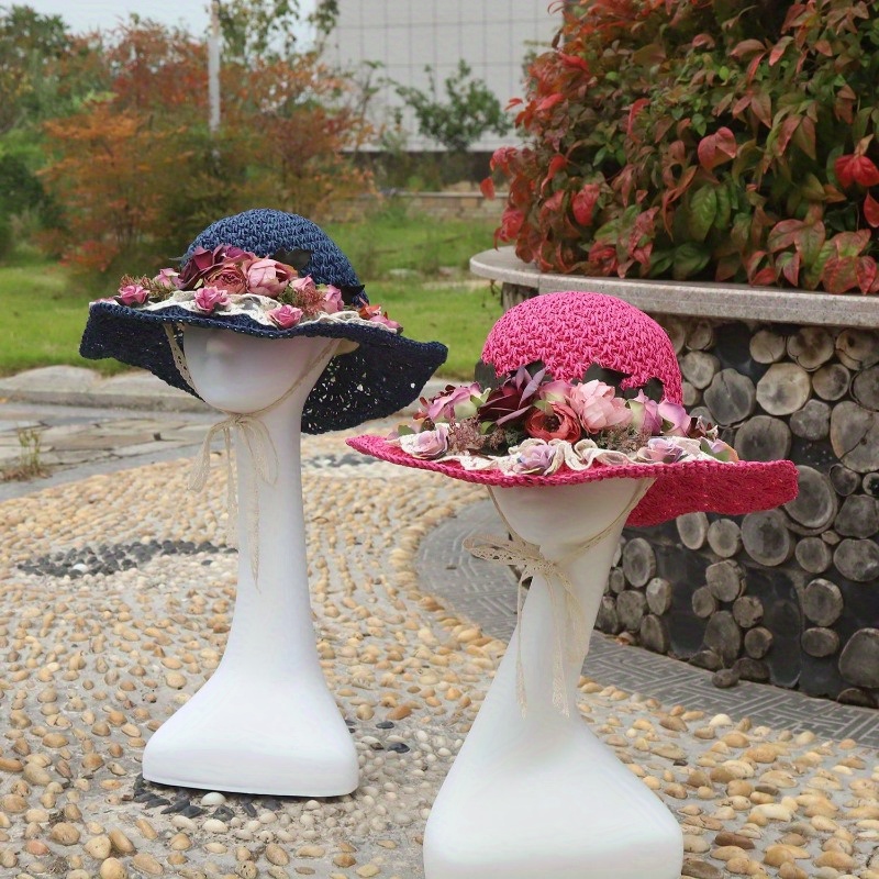 Elegant Rose Garland Sun Hats Wide Brim Lace Trim Easter Straw Hats Solid Color Travel Beach Hats for Women Girls,Temu