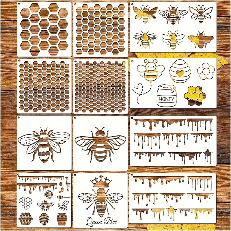 

12pcs Bee Honeycomb Stencils, Reusable Bee Stencils For Painting Furniture Diy Crafts Wall Cloth Fabric Plastic Drawing Stencils Hexagon Paint Wood Burning Stencils