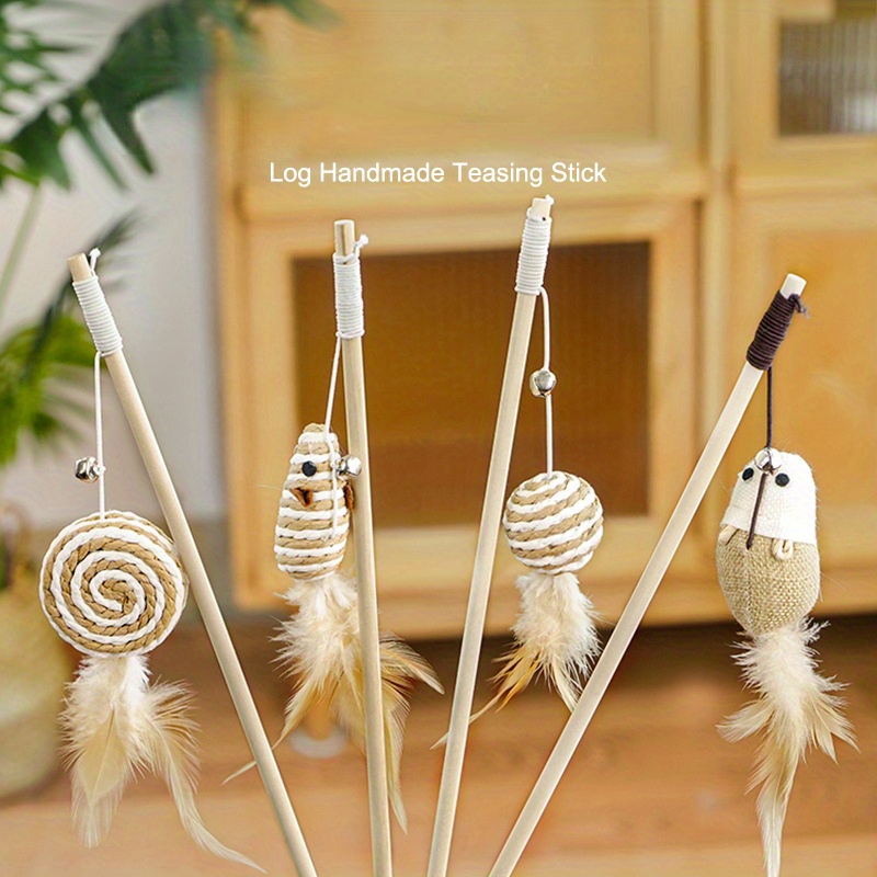 

4pcs Cotton Numb Pole Teasing Cat Stick Cat Toy, Burlap Sisal Mouse Solid Wood Teasing Cat Stick Bungee Rope Feather Wood Pole Kitten