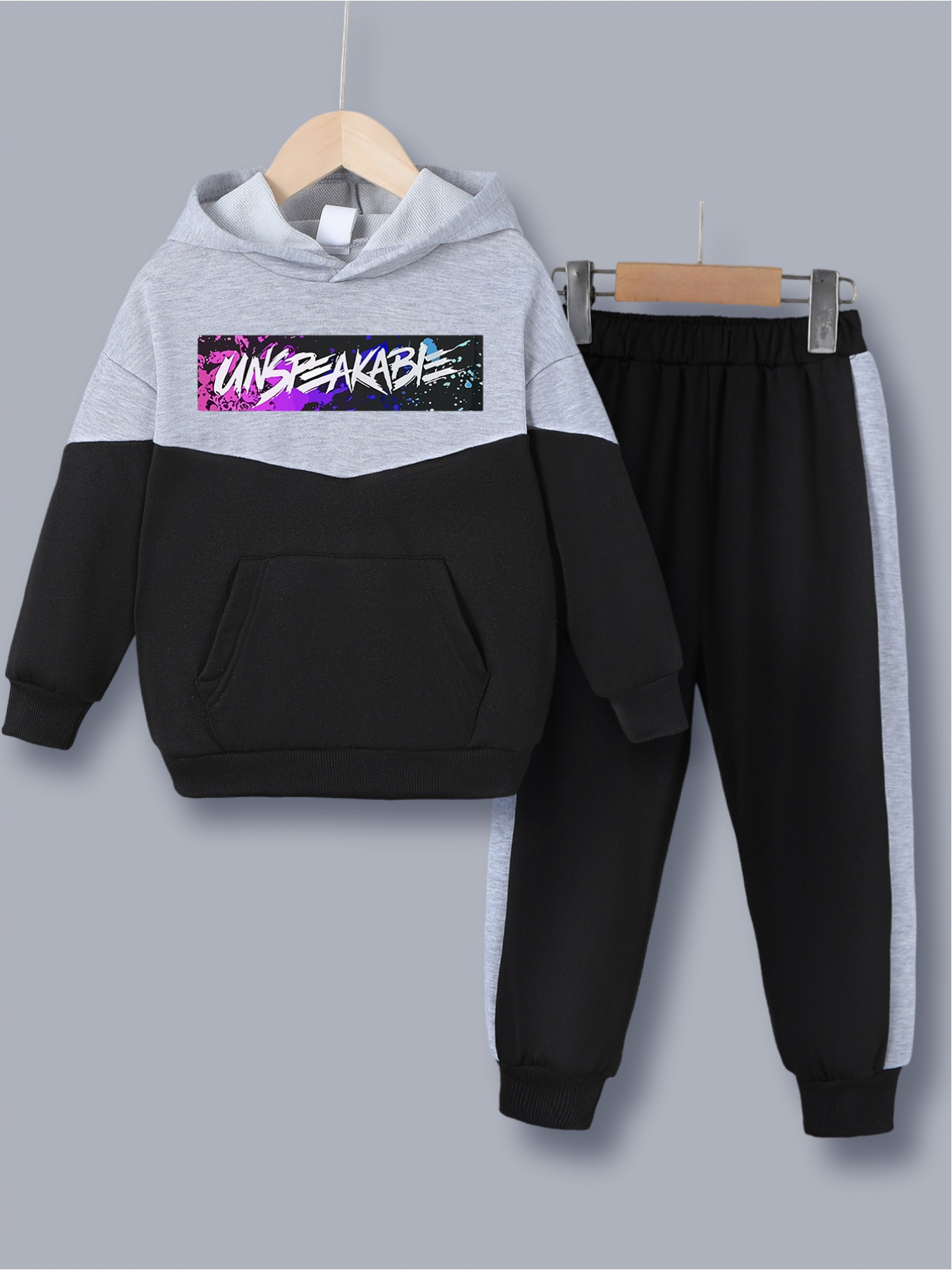 Girls Graphic Color Block Zip Up Hoodie and Joggers Set - Gray