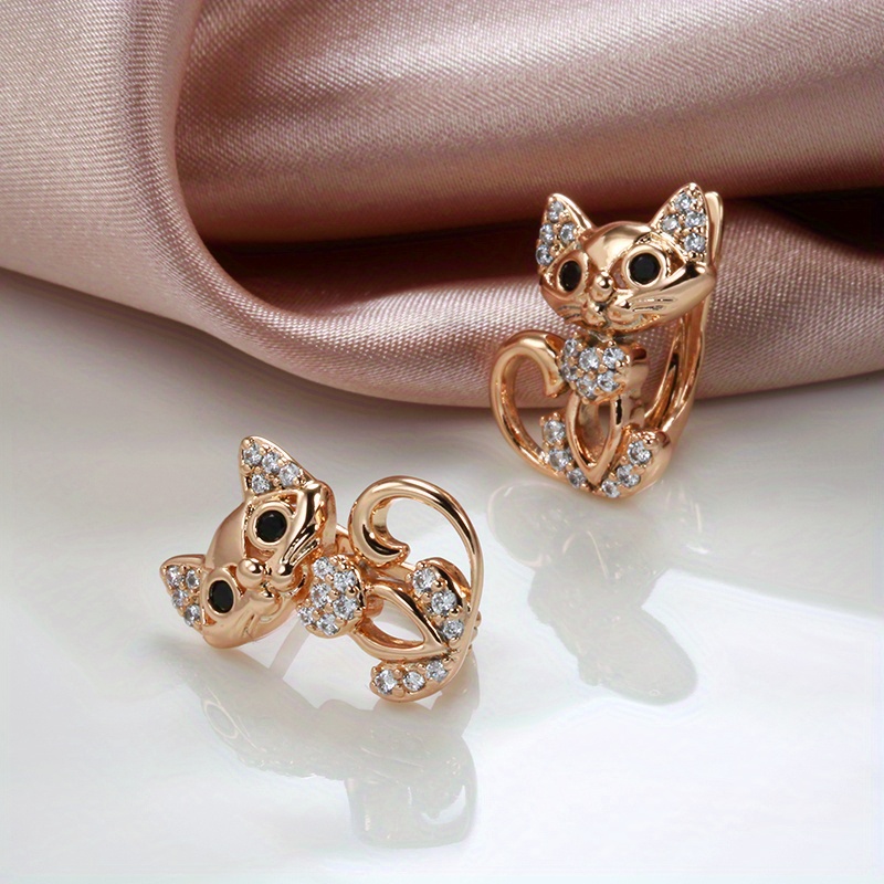 Image of 1 Pair Golden Color Cute Cat Earrings For Women Micro Wax Inlay Synthetic Zirconia Earring Fashion Birthday Party Jewelry