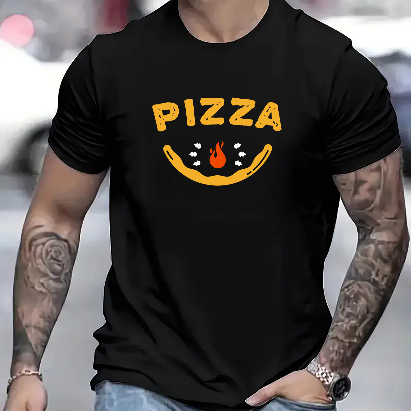 

Pizza Print T Shirt, Tees For Men, Casual Short Sleeve T-shirt For Summer