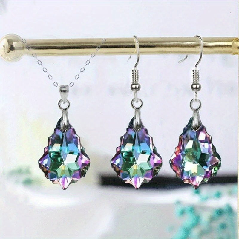 Image of 3pcs/set Fashion Colorful Pendant Necklace Earrings Set Light Luxury Tear Drop Earring Necklace Jewelry Accessories For Women Valentine's Day Gifts