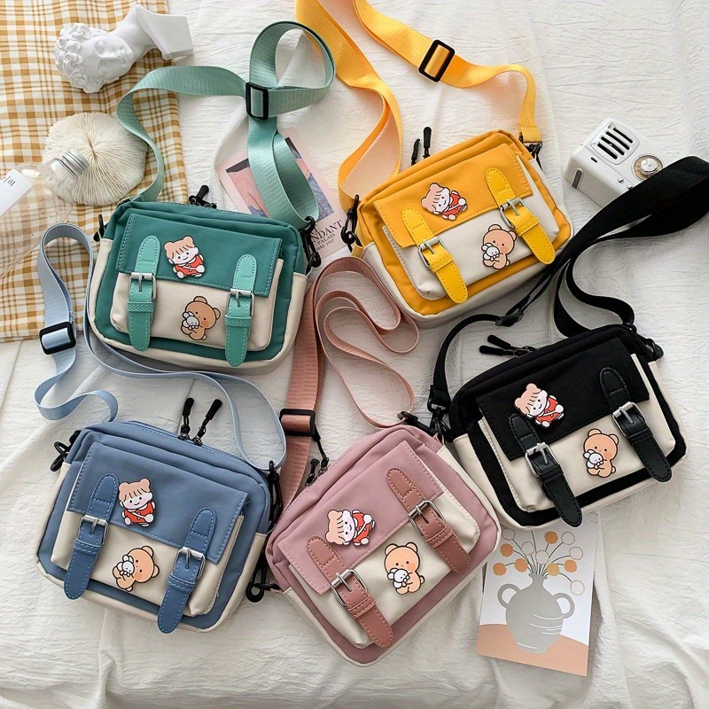 Casual Cute Funny Embroidery Bear Small Zipper Bag Japanese Ins Women  Square Shoulder Crossbody Bag Girl Student Messenger Bag