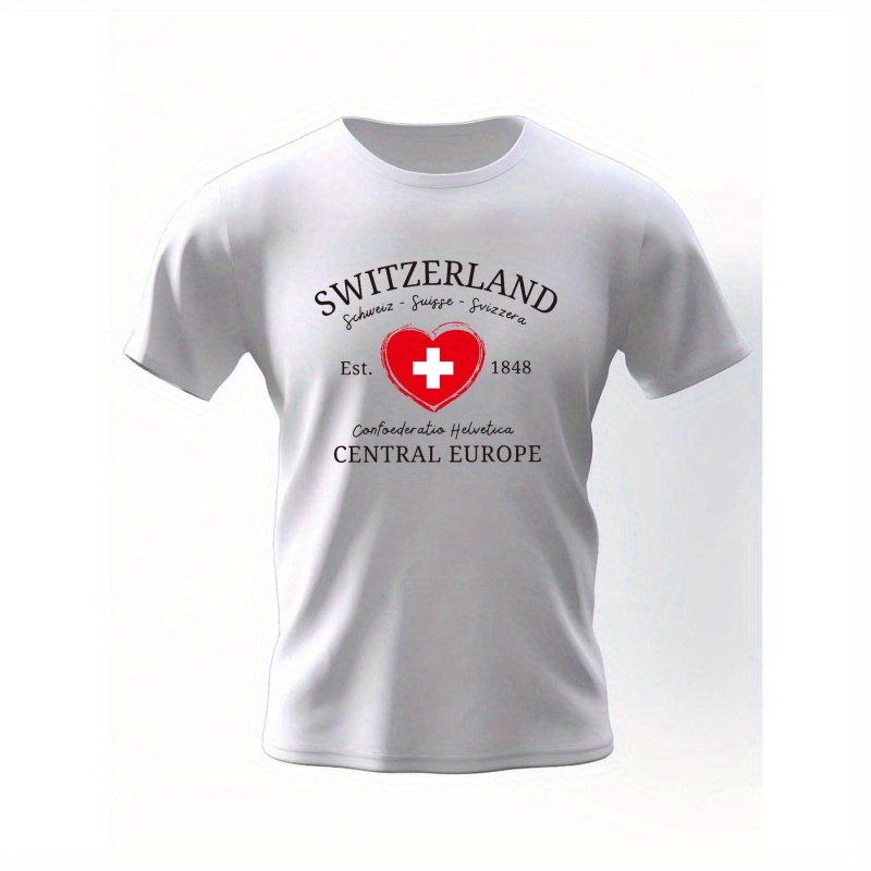 

Switzerland Love Print Men's Short Sleeve T-shirts, Comfy Casual Breathable Tops For Men's Fitness Training, Jogging, Outdoor Activities