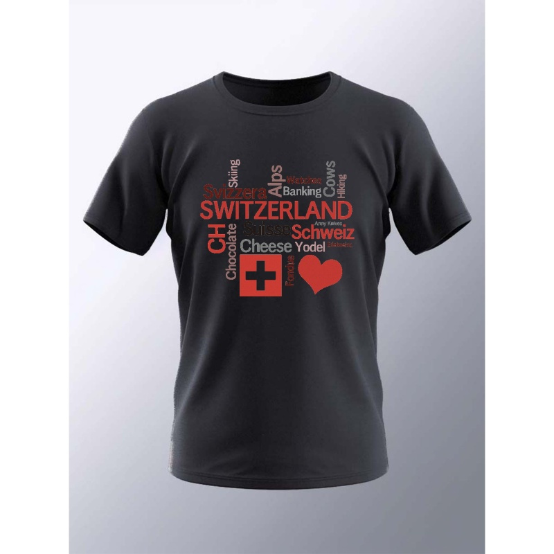 

Switzerland Letter Print Men's Short Sleeve T-shirts, Comfy Casual Breathable Tops For Men's Fitness Training, Jogging, Outdoor Activities