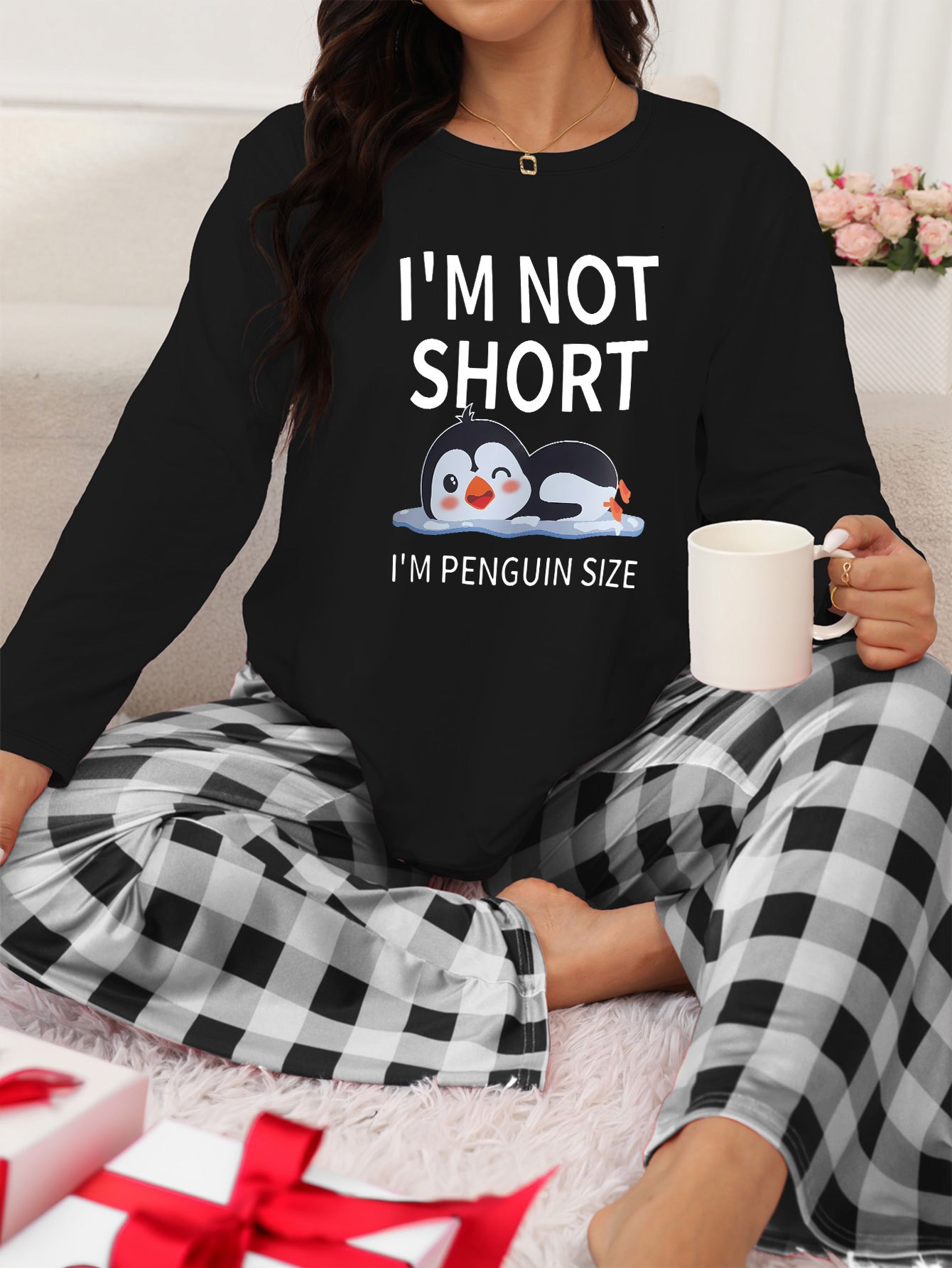Plus Size Casual Lounge Set, Women's Plus Cute Penguin & Slogan Print Long  Sleeve Tee & Plaid Pants Pajamas 2 Piece Set