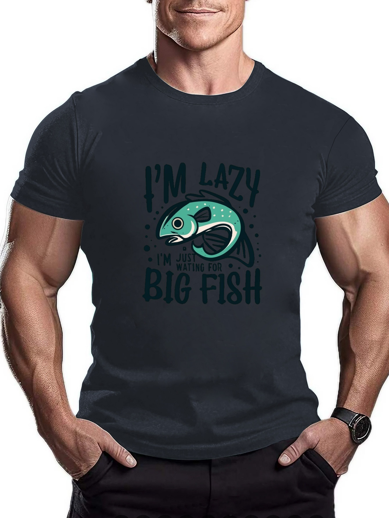 Fish Pattern T-shirt, Men's Casual Street Style Stretch Round Neck Tee  Shirt For Summer
