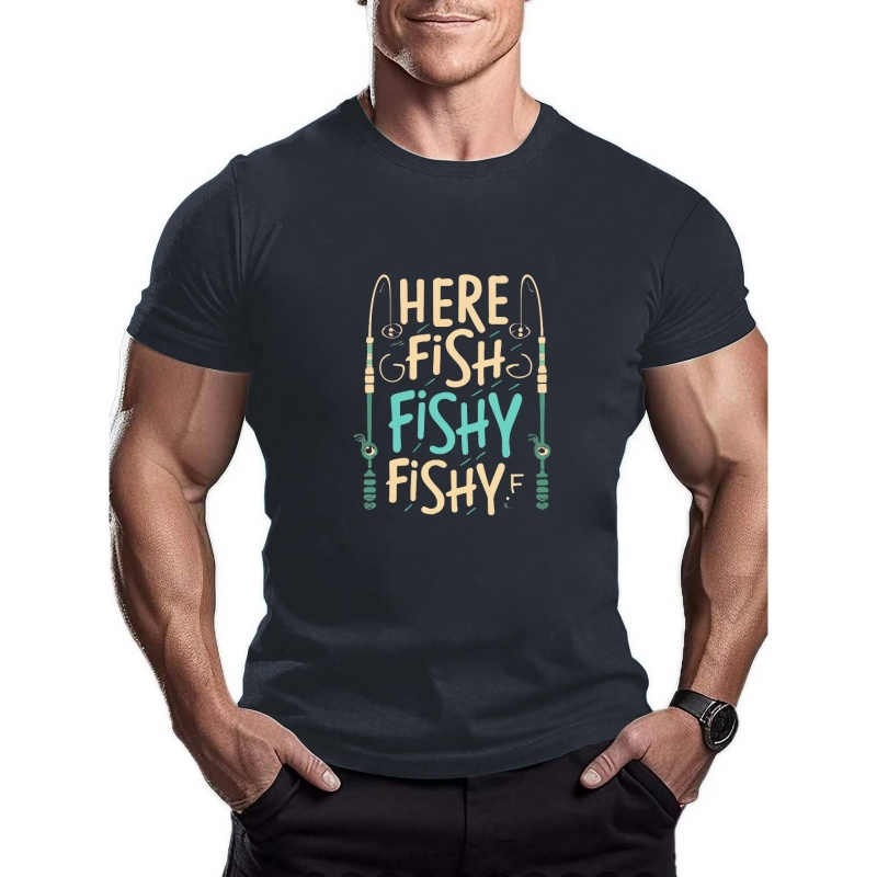 

Here Fishy Fishy Print T Shirt, Tees For Men, Casual Short Sleeve T-shirt For Summer