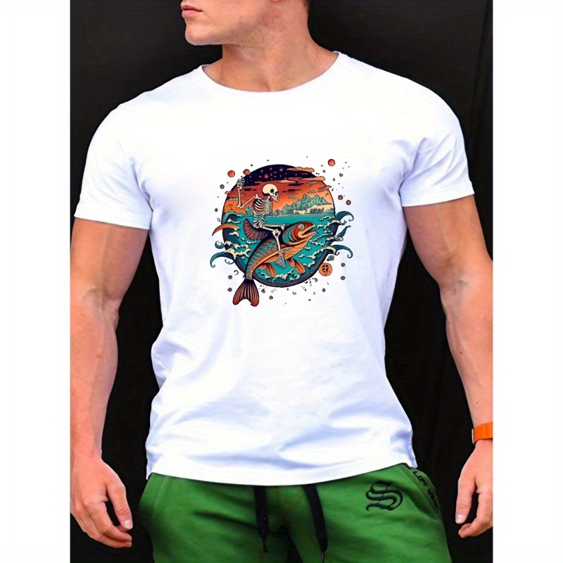 

Skeleton Riding A Fish Print T Shirt, Tees For Men, Casual Short Sleeve T-shirt For Summer