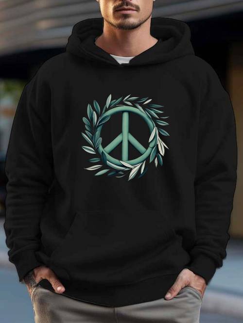 Peace Sign Print Men's Warm Pullover Round Neck Hooded Sweatshirt Print Hoodie Casual Top For Autumn Winter Men's Clothing As Gifts