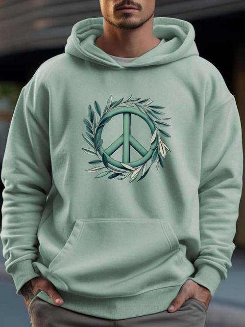 Peace Sign Print Men's Warm Pullover Round Neck Hooded Sweatshirt Print Hoodie Casual Top For Autumn Winter Men's Clothing As Gifts