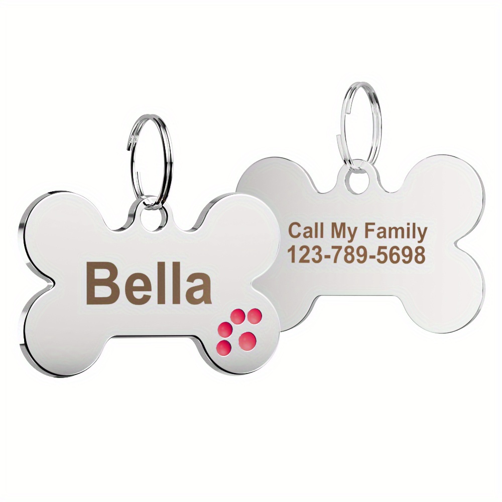 TEMU Custom Engraved Bone-shaped Dog Tag - Personalized Pet Id Tag With Paw Print Design, Durable Metal Collar Name Tag, Christmas Gift For Owners,