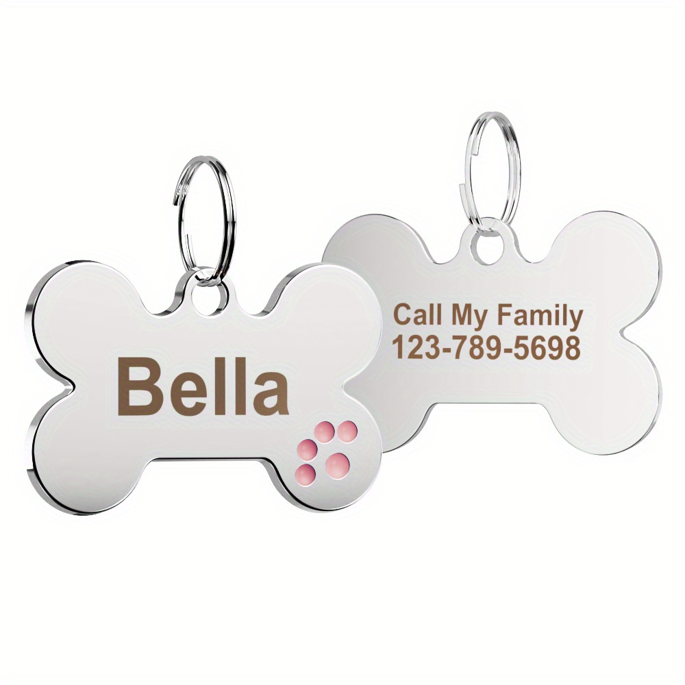 TEMU Custom Engraved Bone-shaped Dog Tag - Personalized Pet Id Tag With Paw Print Design, Durable Metal Collar Name Tag, Christmas Gift For Owners, Personalized Dog Tag, Shiny Finish